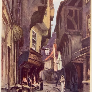York Yorkshire The Shambles Vintage Druck Aquarell Malerei Altes Englisch Architektur Bild
