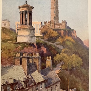 Edinburgh Scotland Calton Hill Vintage Print Watercolour Painting Art Antique Artwork Scottish Capital Cityscape National Monument