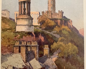 Edinburgh Original Vintage Print of Calton Hill by E W Haslehust Watercolour Painting Home Decor Wall Art Antique Print Scotland