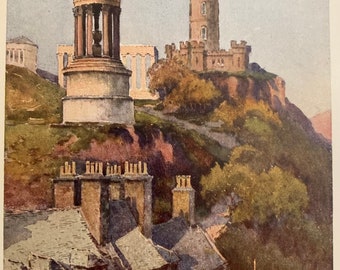 Edinburgh Scotland Calton Hill Vintage Print Watercolour Painting Art Antique Artwork Scottish Capital Cityscape National Monument