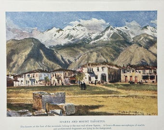 Greece Sparta and Mount Taygetus Vintage Print Watercolour Painting Greek Landscape Picture