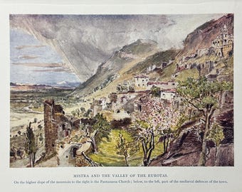 Greece Mistras and the Valley of the Evrotas Vintage Print Watercolour Painting Greek Landscape Picture