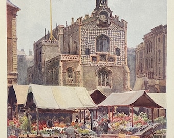 Norwich and Norfolk Broads The Market Place and Guildhall Vintage Print Watercolour English City Architecture Picture