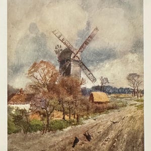 May include: A watercolor painting of a windmill in a rural setting. The windmill is white with a brown roof and has a large, wooden blade. The windmill is surrounded by trees and a dirt road. The sky is cloudy and gray. The painting is titled "Mark's Gate Mill, Near Romford."