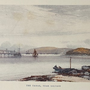 May include: A watercolour painting depicting a view of the River Tamar near Saltash, England. The painting shows a bridge in the distance, a small boat in the foreground, and a hilly landscape.