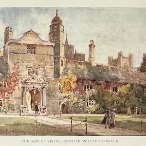 Cambridge The Gate of Virtue, Gonville and Caius College Vintage Print aquarel schilderij kunst antieke Engelse universiteitsarchitectuur