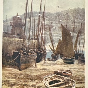Côte des Cornouailles St Ives Harbour impression vintage peinture aquarelle Art oeuvre d&#39;art antique bateaux de pêche paysage marin anglais photo