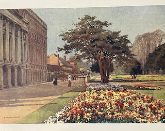 May include: A watercolor painting of a building with columns and a large tree in front of it. The tree is in the center of the image and has a large trunk. There are flowers in the foreground of the image. The painting is signed "E.W. HASLEHURST".