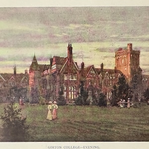 Cambridge Girton College vintage print aquarel kunst antiek kunstwerk Engelse universiteit stad architectuur landschap
