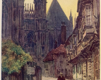 York Yorkshire Original Vintage Print of York Minster from College Street by E W Haslehust Watercolour Painting Home Decor Wall Art Antique