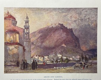Greece Argos and Larissa Vintage Print Watercolour Painting Greek Landscape Picture