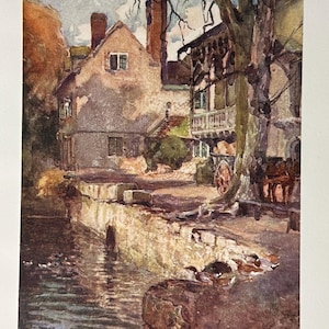 Warwickshire Guy Cliffe Mill Vintage Druck Aquarell Malerei Kunst Antikes Kunstwerk Englisch Watermill River Avon Landschaftsbild