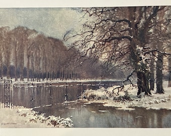 May include: Watercolor painting of a winter landscape with a snow-covered river and trees. A wrought iron fence lines the riverbank. The artwork is signed in the lower left corner.