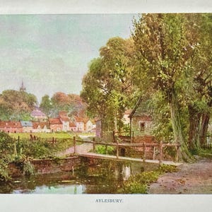 Buckinghamshire Aylesbury Vintage Print Watercolour Painting Art Antique Artwork English Country Town Landscape Picture River Thame