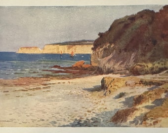 Dorset Swanage Studland Bay Purbeck Vintage Print Watercolour Painting English Coastline Coastal Landscape Picture