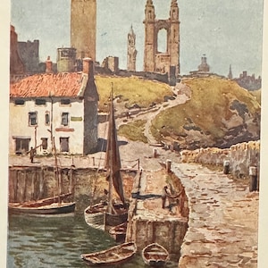 Fife Scotland St Andrews Cathedral Ruins Vintage Print Watercolour Painting Art Antique Artwork Scottish Coastal Landscape Picture