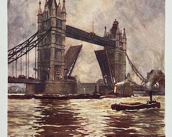 London Tower Bridge River Thames Vintage Print Watercolour Painting English Capital City Landscape Picture