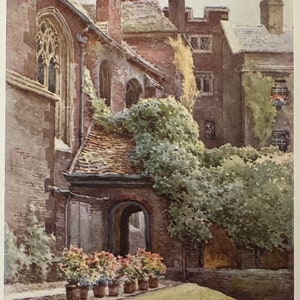 Cambridge Erasmustoren, Queens College vintage print aquarel schilderij antiek kunstwerk Engelse universiteit stad formele tuinen foto