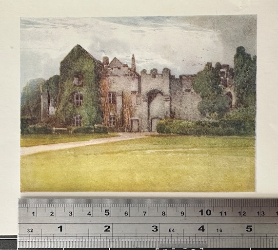 デボン州コンプトン城のヴィンテージ風小型水彩画、イギリスの田園風景