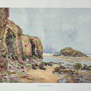 Cornovaglia Perranporth Perran Bay Stampa d'epoca Acquerello Dipinto Arte Opera d'arte antica Paesaggio marino inglese Immagine di paesaggio