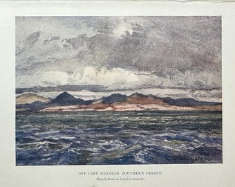 Greece Cape Matapan Southern Greece Vintage Print Watercolour Painting Greek Coastal Landscape Coastline Seascape Picture