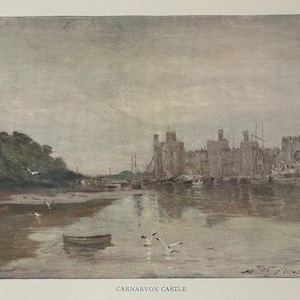 Impresión vintage del castillo de Carnarvon, Gales del Norte, pintura en acuarela, arte antiguo, paisaje galés, imagen de castillo medieval