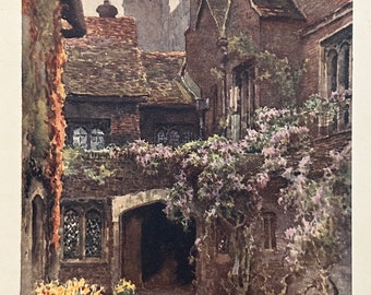 May include: A watercolor painting of a brick courtyard with a stone archway and a stone building in the background. The courtyard is covered in lush greenery and flowers.