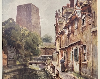 Oxford Vintage Print of Fisher Row and Oxford Castle Vintage Small Print Watercolour Painting English University City Architecture Picture