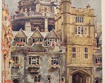 Oxford Oxfordshire Brasenose College and Radcliffe Library Rotunda Vintage Print Watercolour Painting English University City