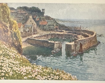 Fife Scotland Crail Harbour Vintage Print Watercolour Painting Scottish Coastline Landscape Seascape Picture