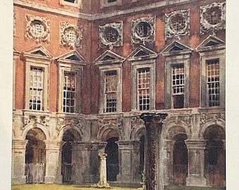 May include: A watercolor painting of a courtyard with a red brick building and a stone fountain in the center. The building has arched windows and a stone archway. The fountain is surrounded by green grass and a small pond.