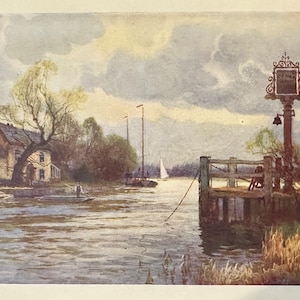 Norwich e Norfolk Broads Horning Ferry, fiume Bure Stampa d&#39;epoca Acquerello Dipinto Arte Antica Opera d&#39;arte Paesaggio inglese