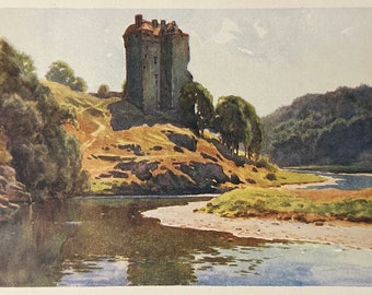 Scotland Neidpath Castle, Scottish Borders Vintage Print Watercolour Painting Antique Artwork Scottish Countryside Landscape Picture