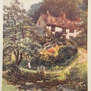 May include: A watercolour painting depicting a white cottage with a brown roof, nestled amongst verdant trees. A winding path leads to a stream, with a solitary figure in a white dress walking along it.