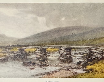 Devon Dartmoor Postbridge Vintage Print Watercolour Painting English Clapper Bridge Tor Countryside Landscape Picture