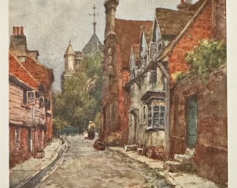 Sussex Rye East Sussex St Mary’s Church Vintage Print Watercolour Painting English Country Town Streetscape Architecture Picture