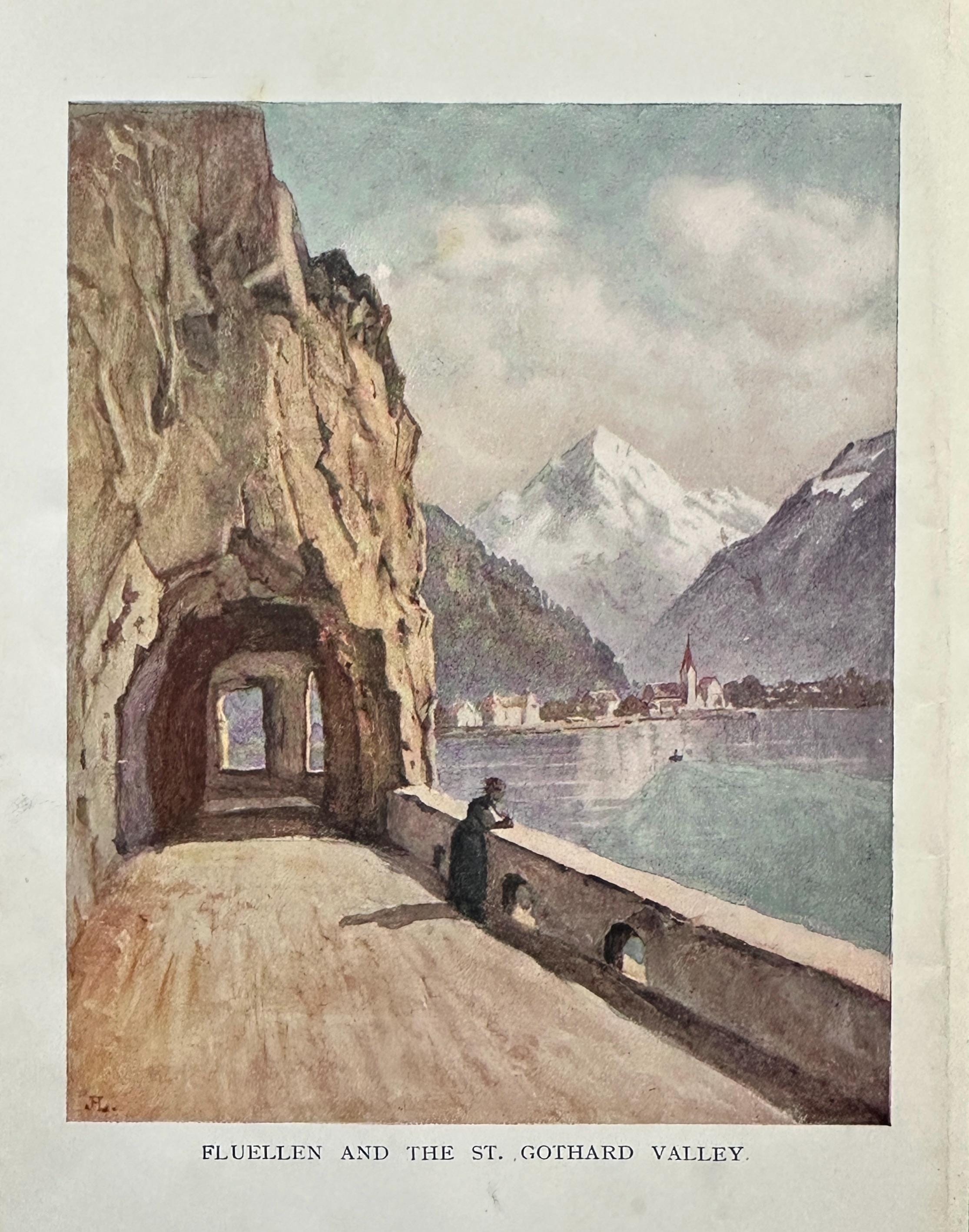スイスのフルエレンとゴッタルド渓谷ヴィンテージ小版水彩画スイス風景