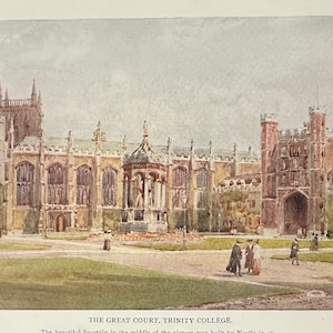 Cambridge The Great Court Trinity College Vintage print aquarel kunst antiek kunstwerk Engelse universiteitsarchitectuur foto