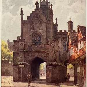 Warwick Warwickshire East Gate Vintage Print Watercolour Painting Art English Old Architecture City Gate Picture