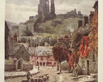 Dorset Wessex Corfe Castle Village Purbeck Vintage Print Watercolour Painting English Country Village Landscape Picture