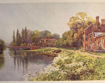 River Thames Hampton Court on River Thames Vintage Print Watercolour Painting English Countryside Landscape Picture