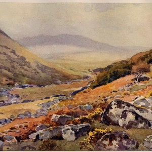 Può includere: Dipinto ad acquerello di un paesaggio di valle con un ruscello, colline e rocce. L'opera presenta colori tenui di verde, marrone e grigio, con un cielo nuvoloso. La firma dell'artista è nell'angolo in basso a destra.