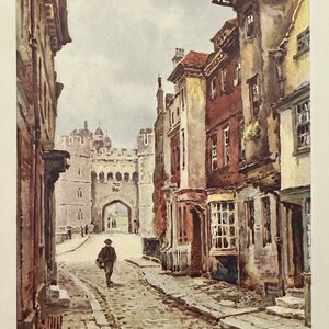 Windsor Berkshire Nell Gwyn’s House and Henry VIII Gateway, Windsor Castle Vintage Print Watercolour Painting Antique Art English Royalty