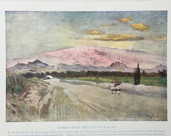 Greece Athens from the road to Eleusis Vintage Print Watercolour Painting Greek Landscape Picture