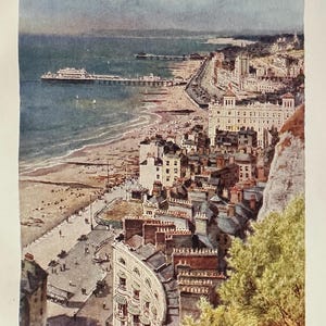 East Sussex Hastings and St Leonards from the Castle Vintage Print Watercolour Painting Art Antique Artwork English Seaside Resort Beach