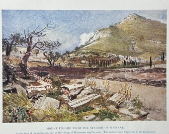 Greece Mount Ithome from Stadion of Messene Vintage Print Watercolour Painting Greek Landscape Picture