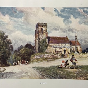 Warwickshire Upton Vintage Druck Aquarell Malerei Kunst Antikes Kunstwerk Englisches Land Dorf Gemeinde Kirche Landschaftsbild