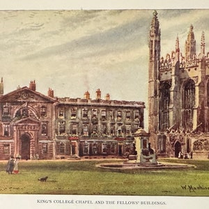 Cambridge King’s College Chapel Vintage Print Watercolour Painting Art Antique Artwork English University Architecture Landscape Picture