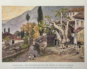 Greece Andritsaena Temple of Apollo Bassae Vintage Print Watercolour Painting Greek Landscape Picture