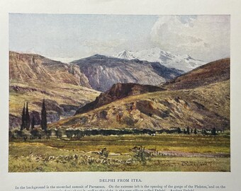 Greece Delphi from Itea Vintage Print Watercolour Painting Greek Landscape Picture